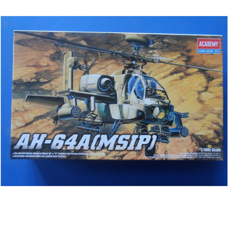 Academy AH-64A Apache 1/48 scale model kit. Plastic attack helicopter model with Longbow and weapons. Supplied unpainted, requires assembly.