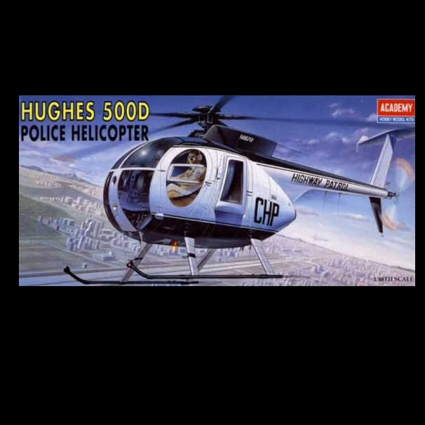 Model kit box of a Hughes 500D Police Helicopter with 'CHP' on the side, featuring Academy branding.