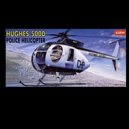 Model kit box of a Hughes 500D Police Helicopter with 'CHP' on the side, featuring Academy branding.