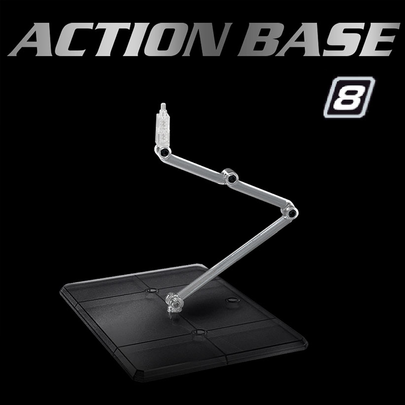Action Base 8 Clear Colour by Bandai, featuring a cylindrical base and movable axes for dynamic display poses, ideal for 1/100 scale Gunpla models.