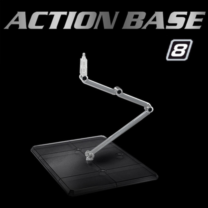Action Base 8 Clear Colour by Bandai, featuring a cylindrical base and movable axes for dynamic display poses, ideal for 1/100 scale Gunpla models.