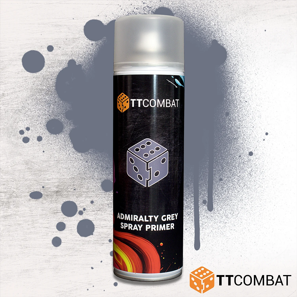 TTCombat Admiralty Grey Spray Primer. 500ml matte finish primer for plastic, resin, and MDF kits. Great for middle-tone miniatures and scenery. UK mainland shipping only.