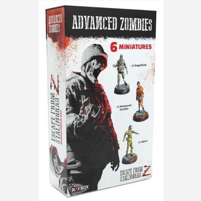 Advanced Zombies Miniatures Set - Escape From Stalingrad Z. Box of 'Advanced Zombies' miniatures featuring a hooded figure and zombie figures.