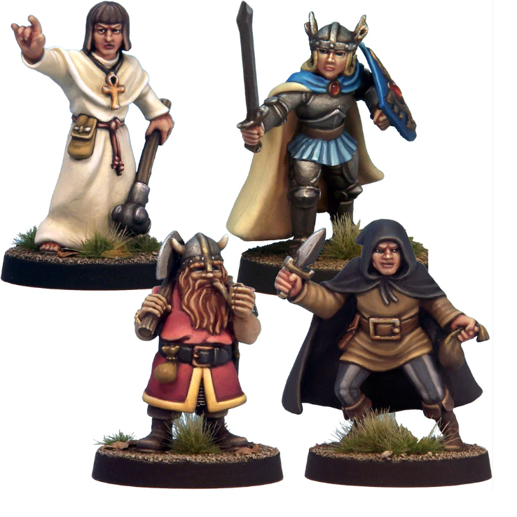 Adventurers 4 miniatures set by Crooked Dice features four beautifully sculpted white metal miniatures, ideal for tabletop RPGs, provided unpainted for customisation.