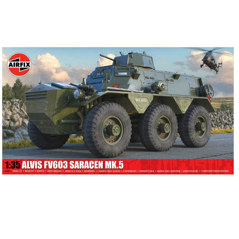 Model kit of an Alvis FV603 Saracen MK.5 with helicopter and landscape in the background, Airfix branding visible. Alvis FV603 Saracen Mk5 - 1:35 Airfix