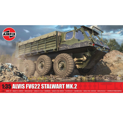 Airfix Alvis FV622 Stalwart Mk.2 – 1:35 Scale Model Kit. Model kit of an Alvis FV622 Stalwart MK.2 on a rocky terrain with Airfix logo.