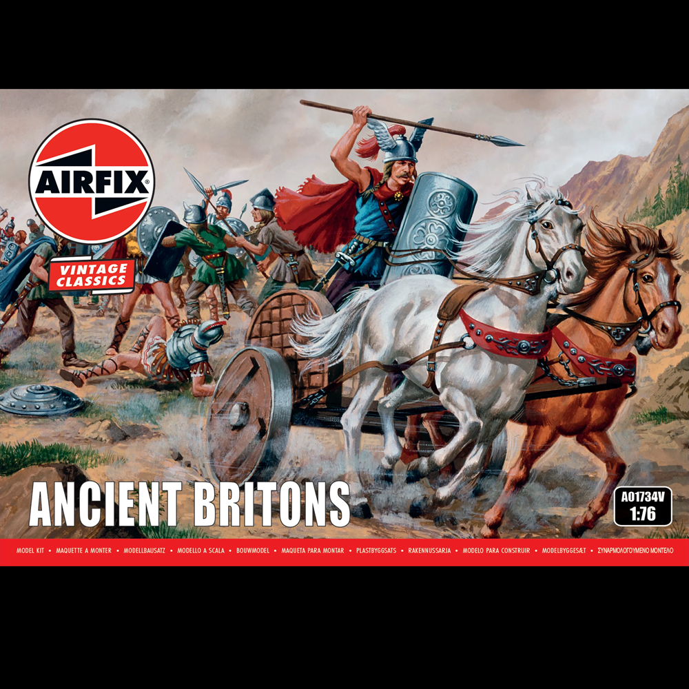 Airfix Vintage Classics Ancient Britons 1:76 scale model kit box cover art, featuring a detailed illustration of ancient warriors and horses in battle. Airfix Ancient Britons Vintage Classics 1:76 scale historical plastic model figures and war chariots