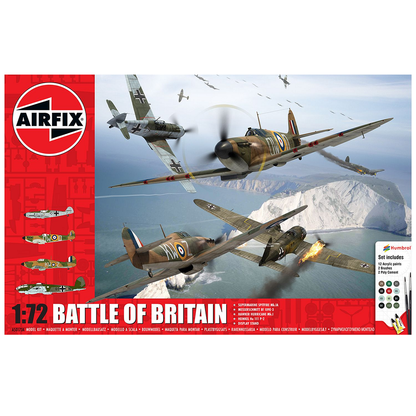 Airfix Battle of Britain Gift Set. Build 4 iconic aircraft from WWII with this 1:72 scale model kit. Includes paints, brushes, decals, and display stand. Ages 12+.
