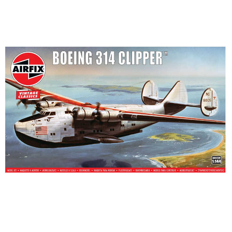 Model airplane kit of Boeing 314 Clipper by Airfix with sceni background. Airfix Boeing 314 Clipper model kit box featuring a vintage design with an image of the aircraft flying over water, showcasing its elegant shape and details.