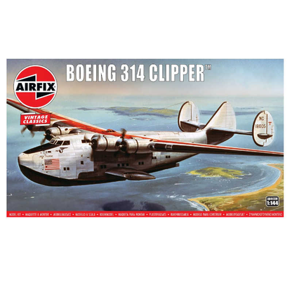 Model airplane kit of Boeing 314 Clipper by Airfix with sceni background. Airfix Boeing 314 Clipper model kit box featuring a vintage design with an image of the aircraft flying over water, showcasing its elegant shape and details.