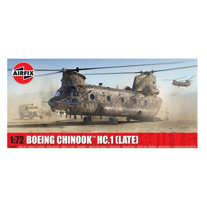 Airfix Boeing Chinook HC.1 (Late) 1:72 Scale Model Kit. Boeing Chinook HC.1 model kit packaging with helicopter and vehicles in the background.