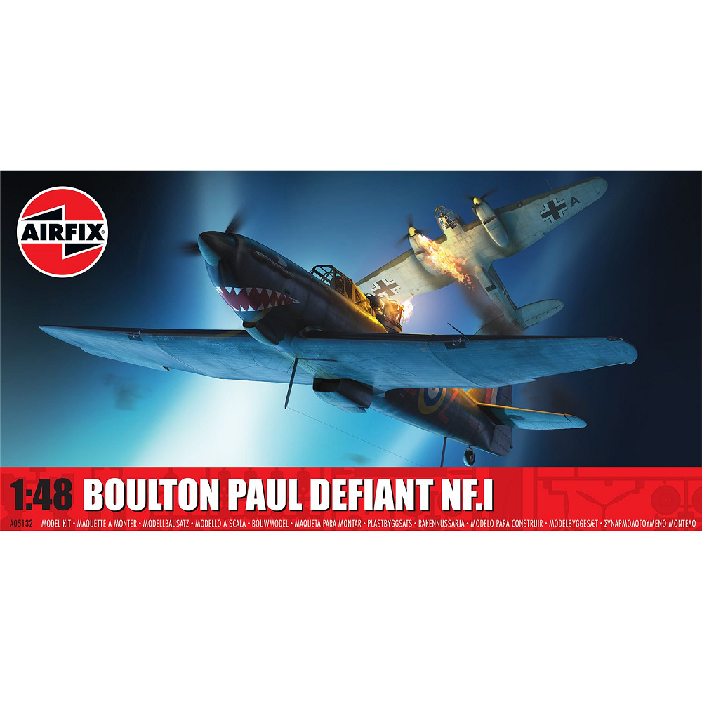 Airfix Boulton Paul Defiant NF.I 1:48 Scale Model Kit A05132 RAF Night Fighter box art of the plane flying under a german plane on fire. Airfix Boulton Paul Defiant NF.I 1:48 scale RAF night fighter plastic model kit