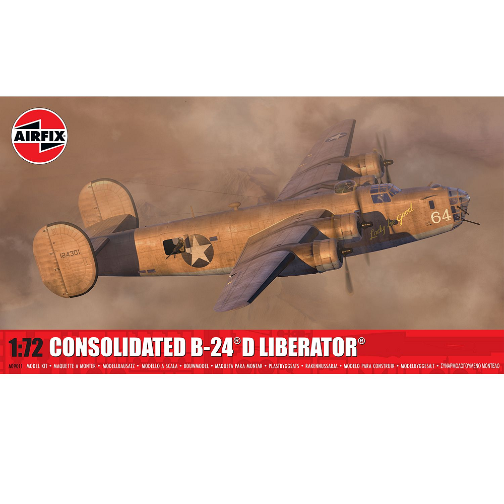 Airfix Consolidated B-24 Liberator 1:72 Scale Model Kit. Model kit of a Consolidated B-24 'D Liberator' airplane with Airfix logo on a beige background.