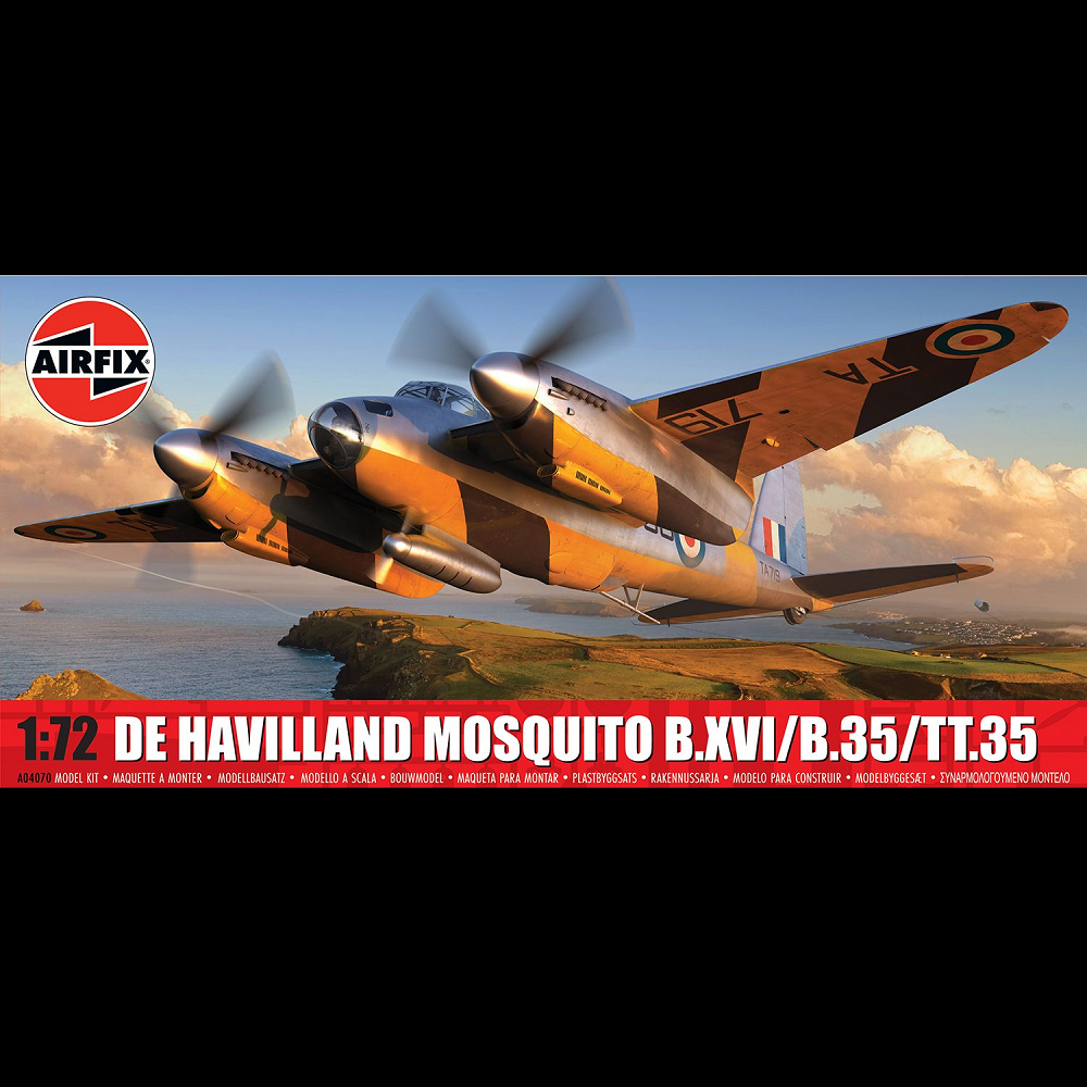 Airfix De Havilland Mosquito B.XVI/B.35/TT.35 – 1:72 Scale Plastic Model Kit. Model airplane of De Havilland Mosquito B.XVI/B.35/TT.35 with Airfix logo on a scenic background