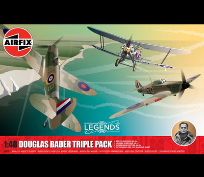 Airfix Legends model kit packaging for the Douglas Bader Triple Pack, featuring three vintage fighter planes flying over a stylized landscape. The packaging includes the Airfix logo, the Legends brand name, and a portrait of Sir Charles Douglas Bader. Airfix Douglas Bader Triple Pack A40101 1:48 scale model kit with Bristol Bulldog Hawker Hurricane and Supermarine Spitfire