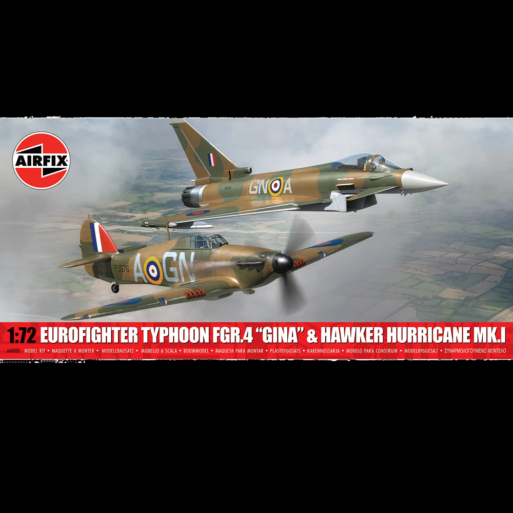 Airfix 1:72 scale model kit box art for Eurofighter Typhoon FGR.4 'Gina' and Hawker Hurricane MK. Airfix Eurofighter Typhoon FGR.4 GINA and Hawker Hurricane Mk.I A40002 1:72 scale model kit