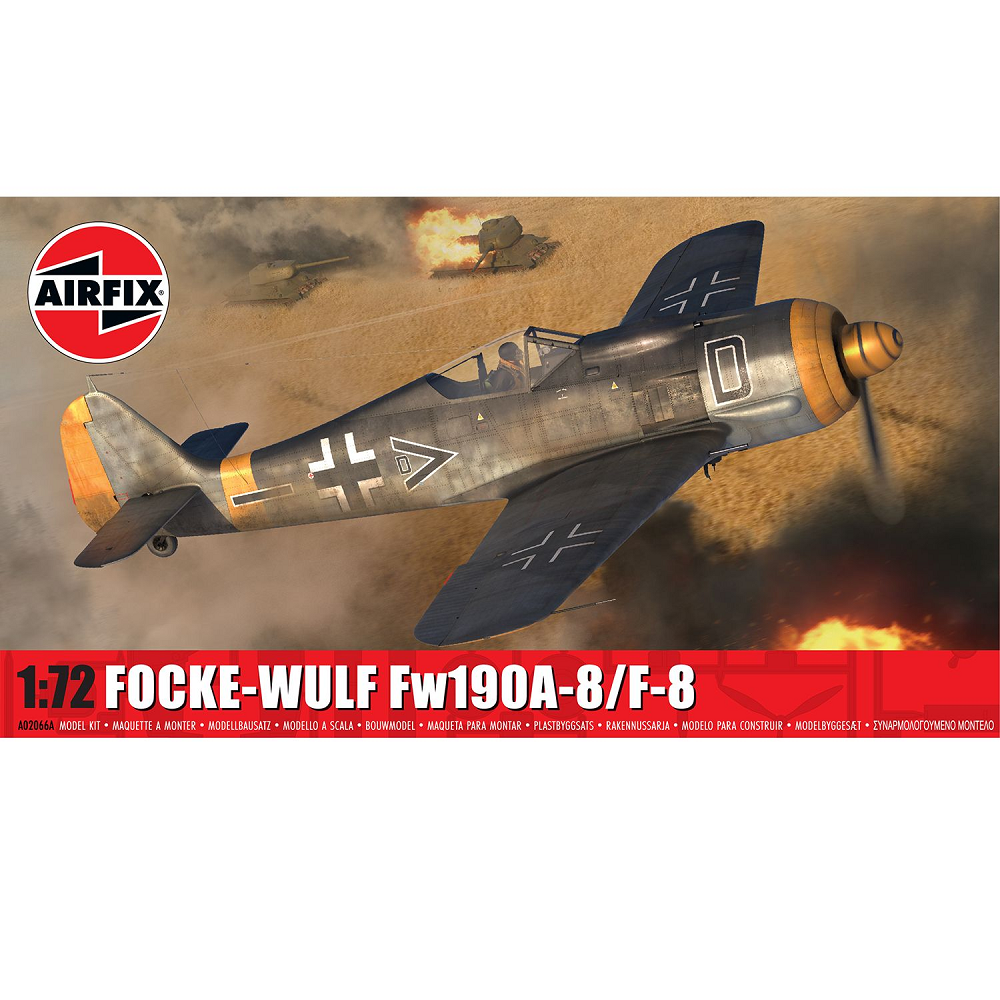 Airfix Focke-Wulf Fw190A-8/F-8. A 1:72 scale plastic model kit featuring 74 parts, decals, and paint layout sheet. Perfect for enthusiasts. Skill level 2. Assembly required
