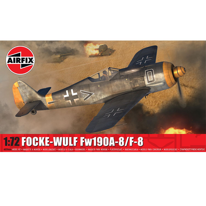Airfix Focke-Wulf Fw190A-8/F-8. A 1:72 scale plastic model kit featuring 74 parts, decals, and paint layout sheet. Perfect for enthusiasts. Skill level 2. Assembly required
