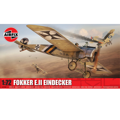 Airfix Fokker E.II Eindecker 1:72 Scale Model Kit. Model airplane kit of a Fokker E.II Eindecker with Airfix logo on a desert background