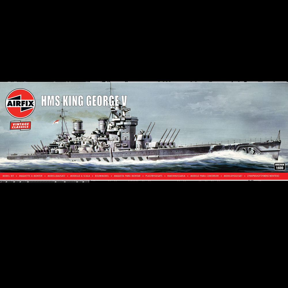 Airfix model kit box art for HMS King George V, showing a detailed illustration of the battleship sailing on the water with the Airfix logo and product title on a white background. Airfix HMS King George V 1:600 scale plastic model kit A06205V Vintage Classics