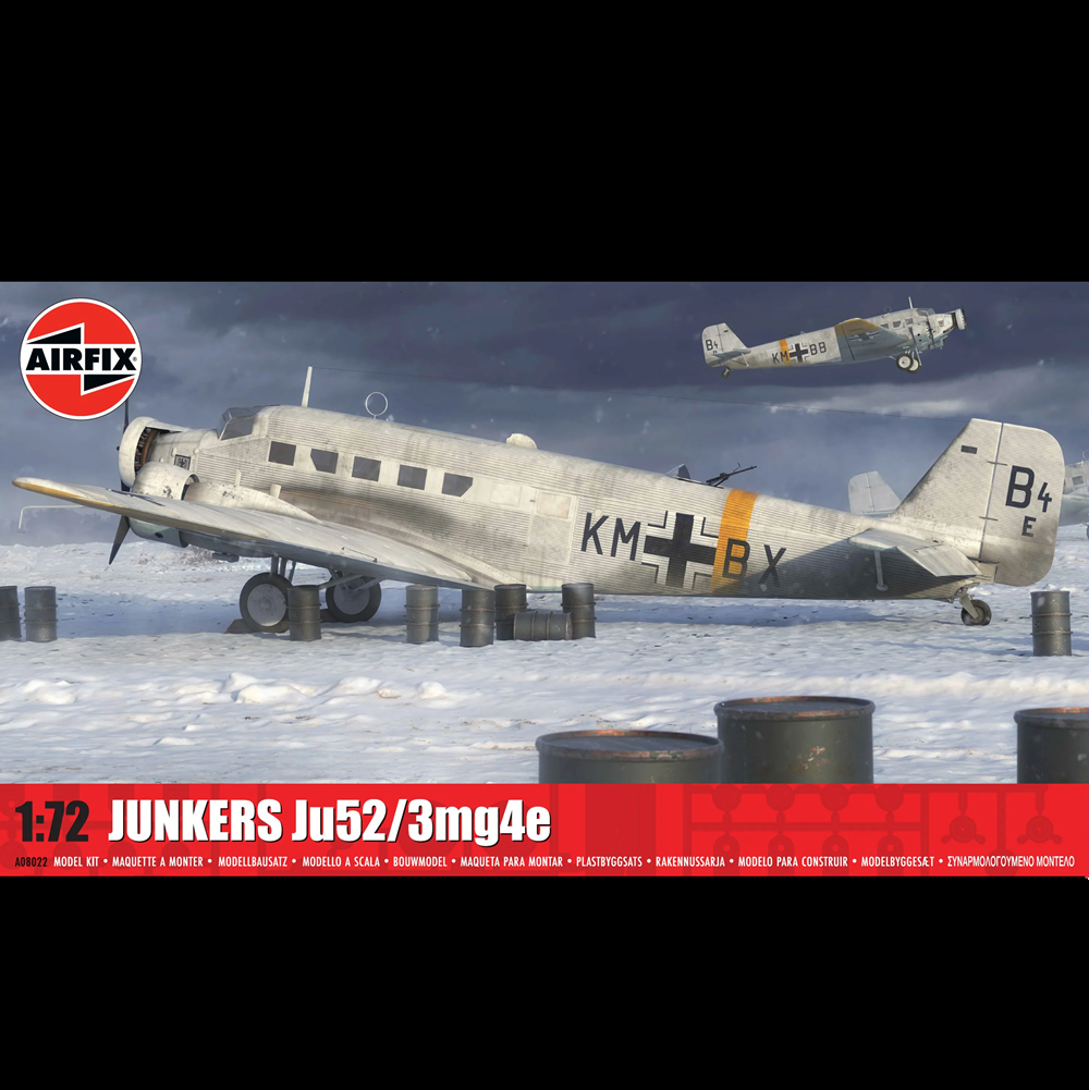 Airfix 1:72 scale model kit cover for the Junkers Ju52/3mg4e, featuring a detailed illustration of a silver military aircraft with black and yellow markings on a snowy ground, with another plane flying in the background. Airfix Junkers Ju 52/3m 1:72 scale aircraft plastic model kit