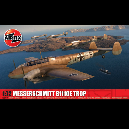 Model kit of a Messerschmitt B110E Trop aircraft with Airfix logo and text on a scenic background. Airfix Messerschmitt Bf110E E-2 TROP 1:72 scale plastic model kit WWII aircraft