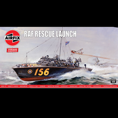 Model kit box for RAF Rescue Launch with Airfix logo and illustration of boat and plane.