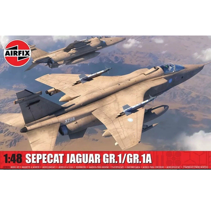 Airfix SEPECAT Jaguar GR.1/GR.1A. A 1:48 scale plastic model kit featuring 243 parts, decals, and paint layout sheet. Perfect for enthusiasts. Skill level 4. Assembly required.

