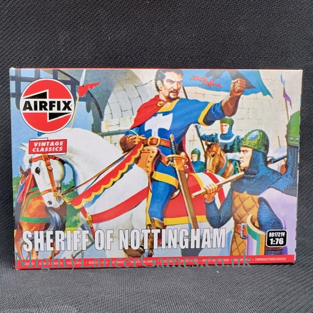 Airfix Vintage Classics 'Sheriff of Nottingham' 1:76 scale model kit box, featuring a colourful medieval illustration on a dark textured background. Airfix Sheriff of Nottingham - Vintage Classics 1:76 Scale