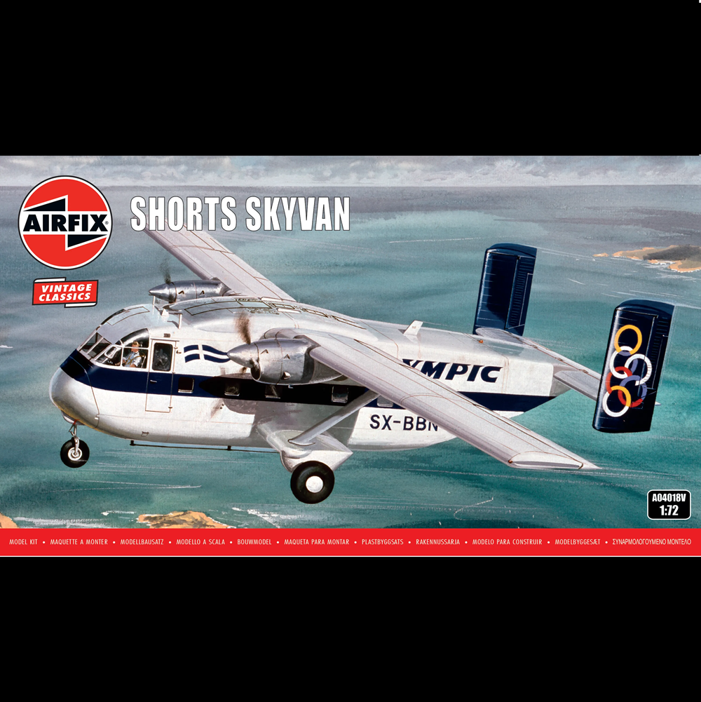 Airfix Vintage Classics Short S kyvan model kit box art showing a white and blue twin-engine short-skyvan aircraft flying over water, with the Airfix logo and product text on the packaging. Airfix Shorts SC.7 Skyvan - Vintage Classics 1:72 Scale