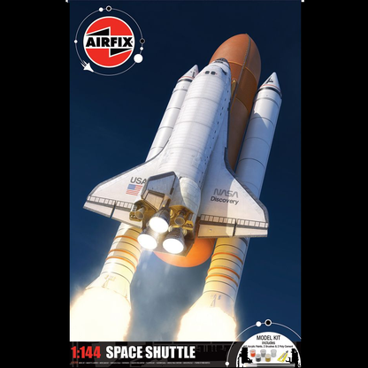Model kit packaging of a space shuttle with Airfix logo on a dark blue background