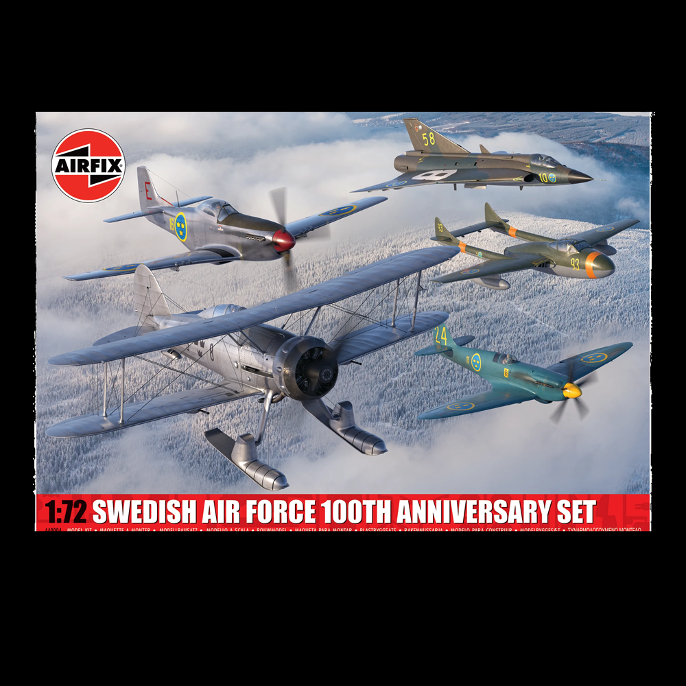 Airfix 1:72 Swedish Air Force 100th Anniversary Set model kit box art, featuring five vintage military aircraft flying through clouds, with the Airfix logo and product title on a black background. Airfix Swedish Air Force 100th Anniversary Set A40004 1:72 scale model kits with five aircraft