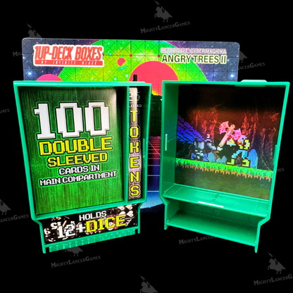 Green Angry Trees 2 Retrowave Cyber Magicka Deck Box with 8-bit inspired tree art. Holds cards, dice, and tokens, perfect for retro-loving card game players.
