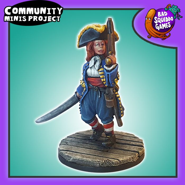 Anne Bonny 28mm metal miniature by Bad Squiddo Games, unpainted female RPG and tabletop pirate figure with sword and pistol