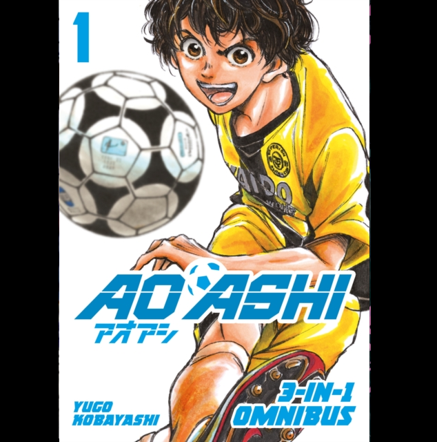 Manga book cover featuring a character in a yellow soccer jersey with a soccer ball. Aoashi 3-in-1 Edition Volume 1 Manga Omnibus Paperback (Volumes 1-3)