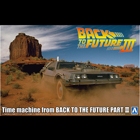 1/24 Aoshima Back to the Future Part III DeLorean Time Machine model kit with bonnet box, raised suspension, and opening gull-wing doors.