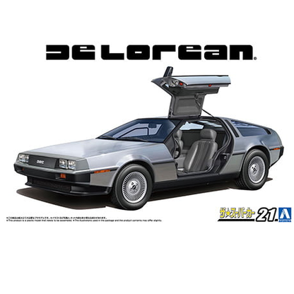 Aoshima DeLorean DMC-12 – 1/24 Scale Model Kit (06435). Model kit of a DeLorean car with open gull-wing door on a white background