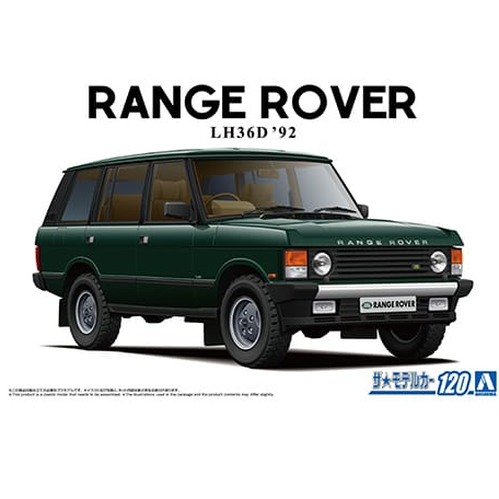 1/24 Aoshima Range Rover LH36D ’92 plastic model kit with new decals, clear parts, and detailed chassis frame.