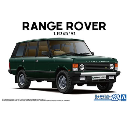 1/24 Aoshima Range Rover LH36D ’92 plastic model kit with new decals, clear parts, and detailed chassis frame.