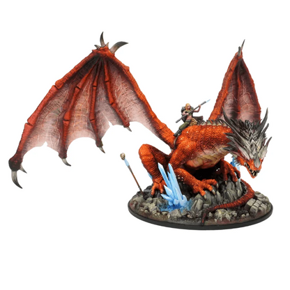 Model of a dragon with a rider on a white background. Argloth Rivelwyr Destroyer of Empires large plastic fantasy dragon with female rider