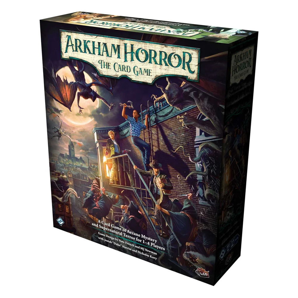Arkham Horror The Card Game Chapter Two Core Set box and components cards tokens and investigators. Arkham Horror The Card Game box with characters on a rooftop at night.