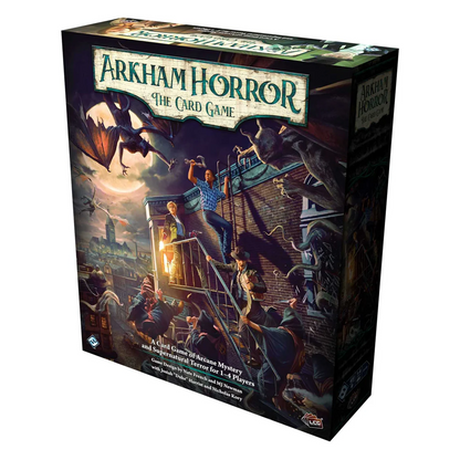 Arkham Horror The Card Game Chapter Two Core Set box and components cards tokens and investigators. Arkham Horror The Card Game box with characters on a rooftop at night.
