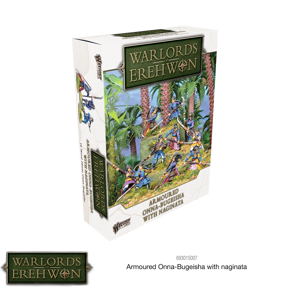 Warlords of Erehwon: Armoured Onna-bugeisha. 10 fierce 28mm metal miniatures wielding naginata. Supplied unpainted, perfect for samurai-themed wargaming.