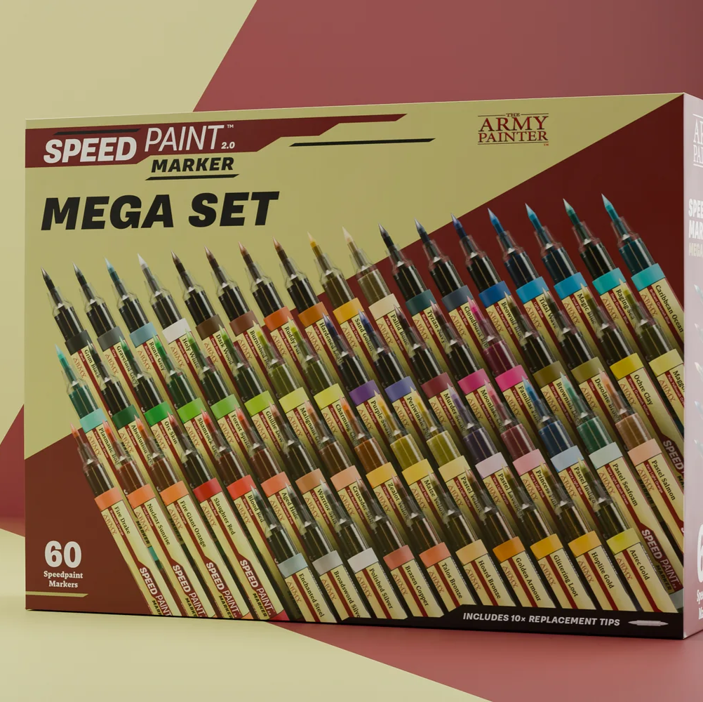 A box of Army Painter Speed Paint Marker Mega Set containing 60 coloured markers, shown on a split beige and maroon background. The Army Painter Speedpaint Marker Mega Set with 60 miniature painting markers and replacement tips