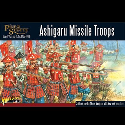 Pike & Shotte Ashigaru Missile Troops. 20 plastic 28mm miniatures armed with bows and arquebuses. Supplied unpainted and unassembled. Perfect for wargaming hobbyists.