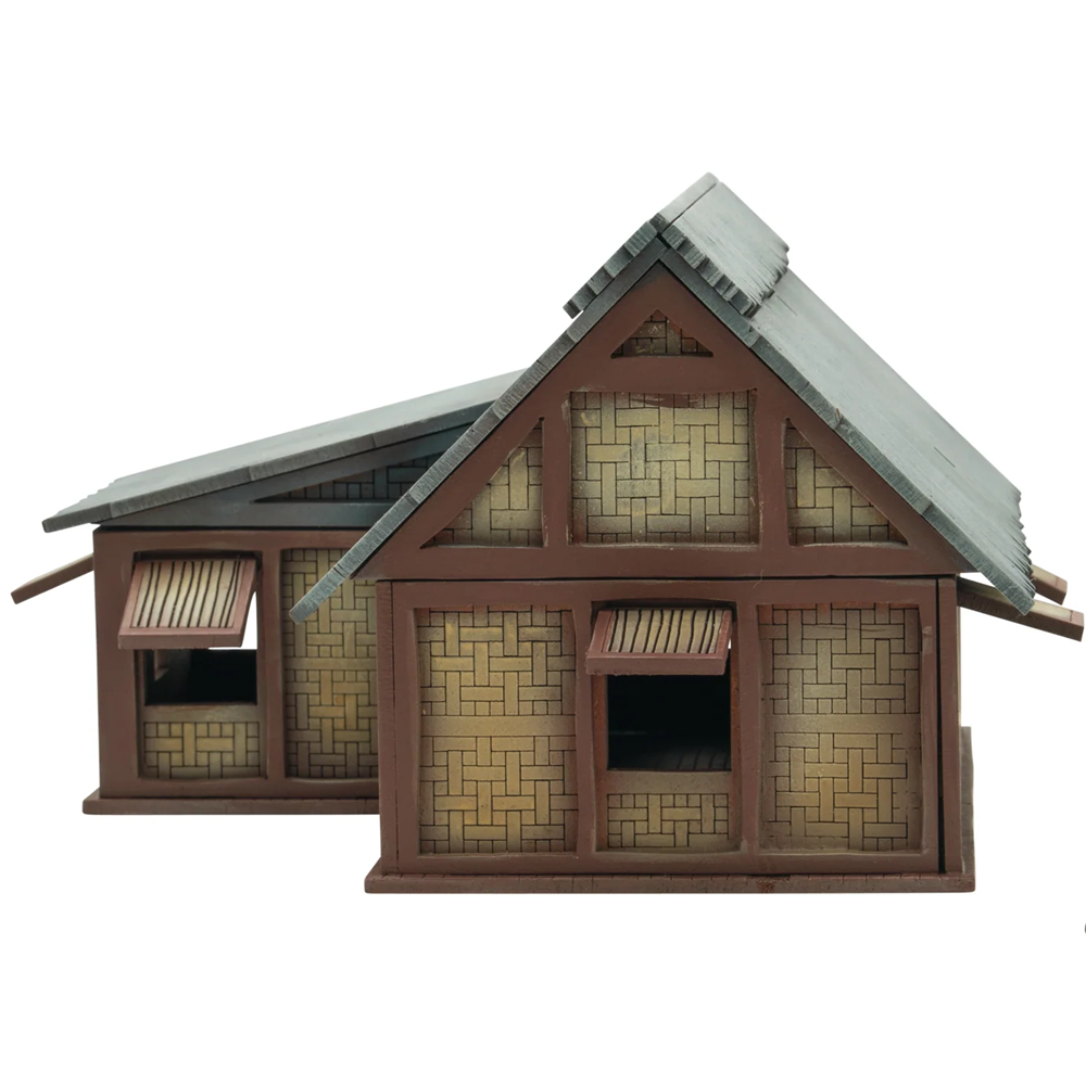 Model of a rustic house with a tiled roof on a white background. Warlord Games Pacific Theatre Asian Village L shaped building 28mm MDF terrain kit unassembled
