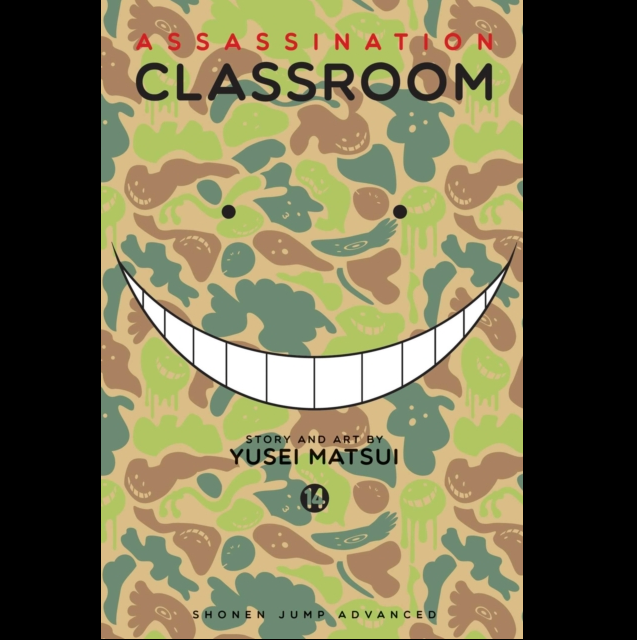 Assassination Classroom Volume 14 manga book cover by Yusei Matsui, featuring a green and brown camouflage pattern background with a large white smiley face graphic. Assassination Classroom Vol. 14 | Manga Graphic Novel