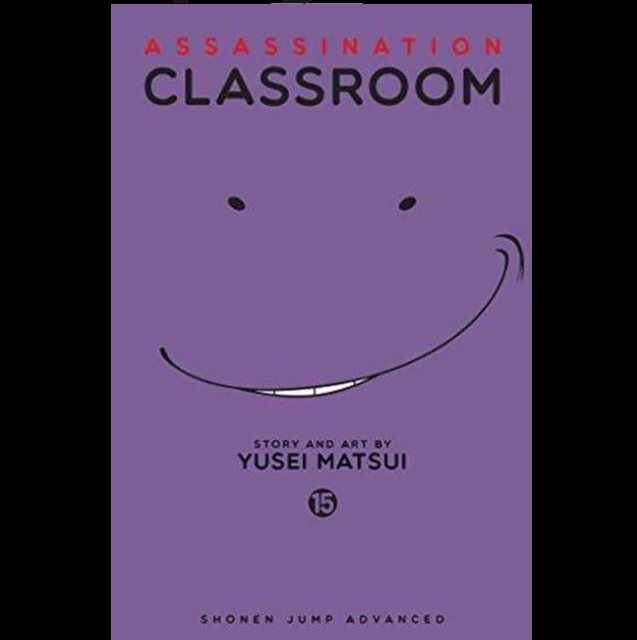 Front cover of the book 'Assassination Classroom' by Yusei Matsui, featuring a solid purple background with a simple black line smiley face and red and black title text. Assassination Classroom Vol. 15 | Manga Graphic Novel