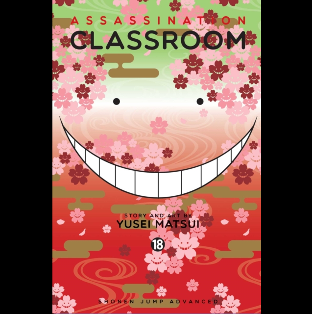 Manga-style book cover for 'Assassination Classroom' by Yusei Matsui, featuring a large smiling face with a wide grin surrounded by pink cherry blossoms on a red and green background. Assassination Classroom Vol. 18 | Manga Graphic Novel