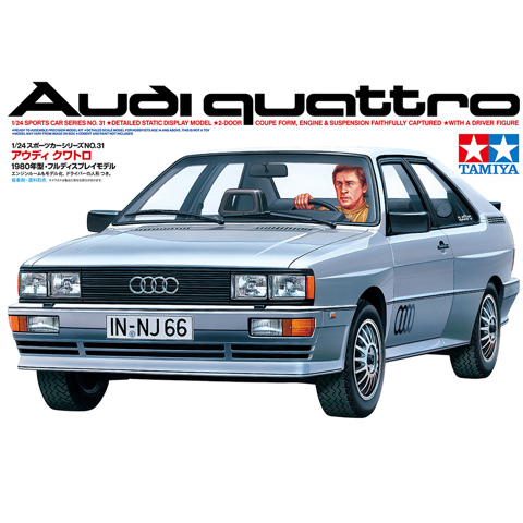 Audi Quattro (Sports Car Series No. 31). A 1/24 scale Tamiya model kit featuring a classic 2-door coupe with flared fenders, turbo engine, and 4WD system
